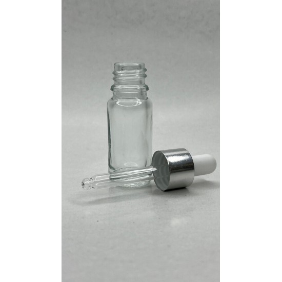 10 ml Şeffaf Cam Damlalıklı Şişe Gümüş Kapak Beyaz Emzik