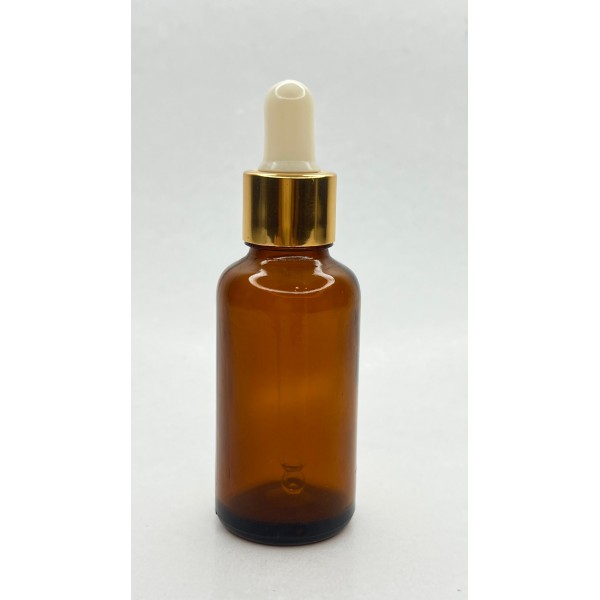 30 ml Kahverengi Cam Damlalıklı Şişe Gold Kapak Beyaz Emzik