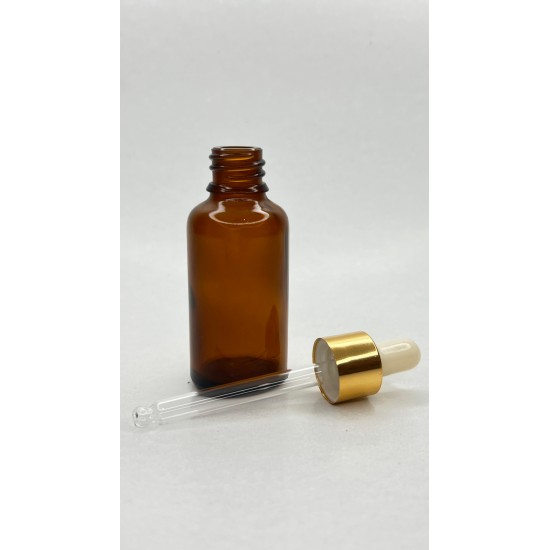 30 ml Kahverengi Cam Damlalıklı Şişe Gold Kapak Beyaz Emzik