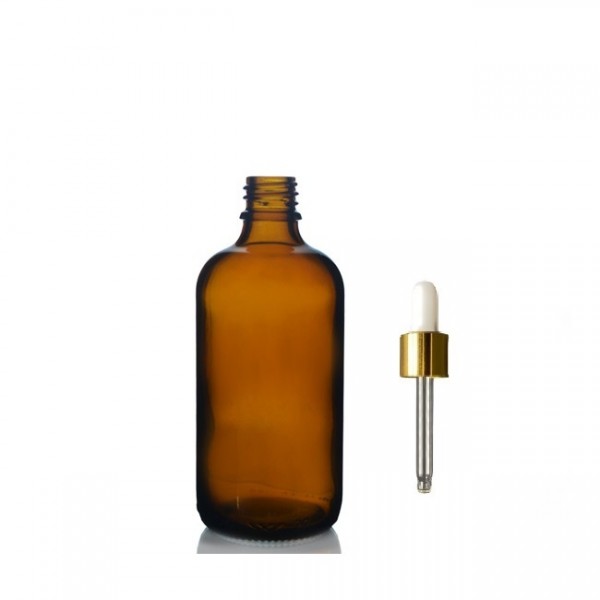 100 ml Kahverengi Cam Damlalıklı Şişe Gold Kapak Beyaz Emzik