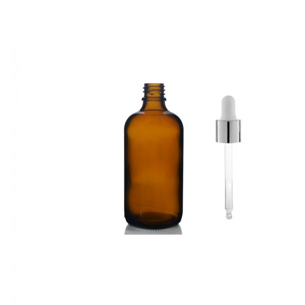 100 ml Kahverengi Cam Damlalıklı Şişe Gümüş Kapak Beyaz Emzik