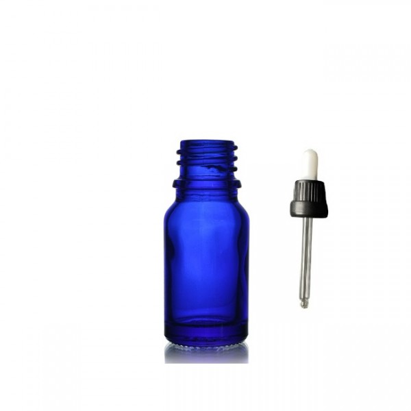 10 ml Mavi Cam Damlalıklı Şişe Siyah Kapak Beyaz Emzik