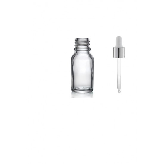 10 ml Şeffaf Cam Damlalıklı Şişe Gümüş Kapak Beyaz Emzik