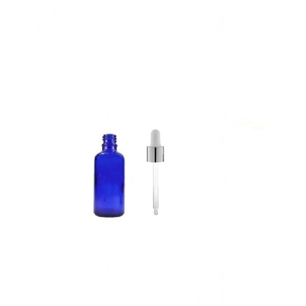 20 ml Mavi Cam Damlalıklı Şişe Gümüş Kapak Beyaz Emzik