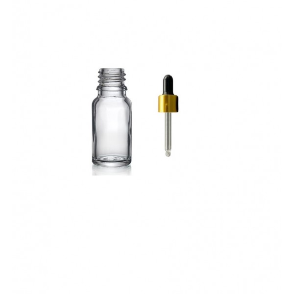 20 ml Şeffaf Cam Damlalıklı Şişe Gold Kapak Siyah Emzik