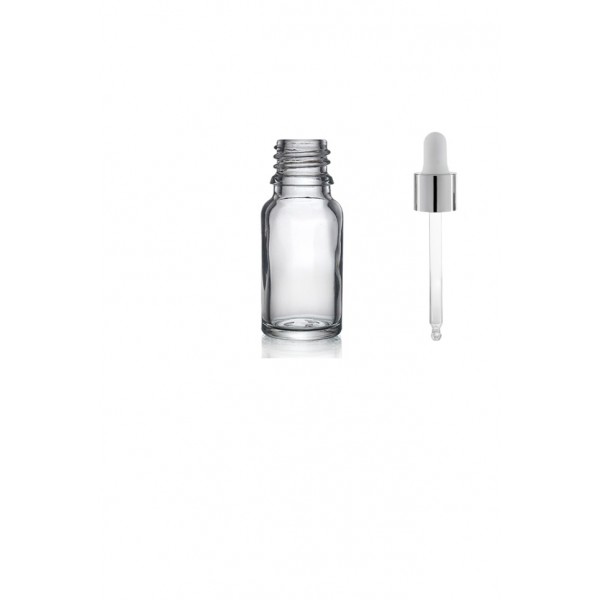 20 ml Şeffaf Cam Damlalıklı Şişe Gümüş Kapak Beyaz Emzik