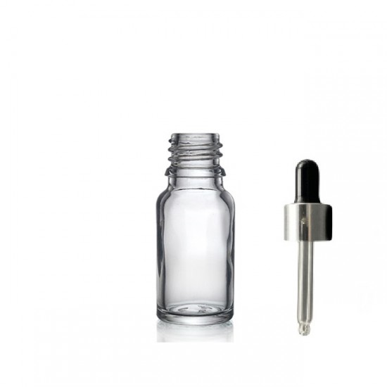 20 ml Şeffaf Cam Damlalıklı Şişe Gümüş Kapak Siyah Emzik