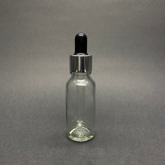 20ml Şeffaf Cam Damlalıklı Gümüş kapak Siyah Emzik