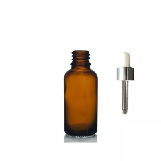 30 ml Kahverengi Cam Damlalıklı Şişe Gümüş Kapak Beyaz Emzik