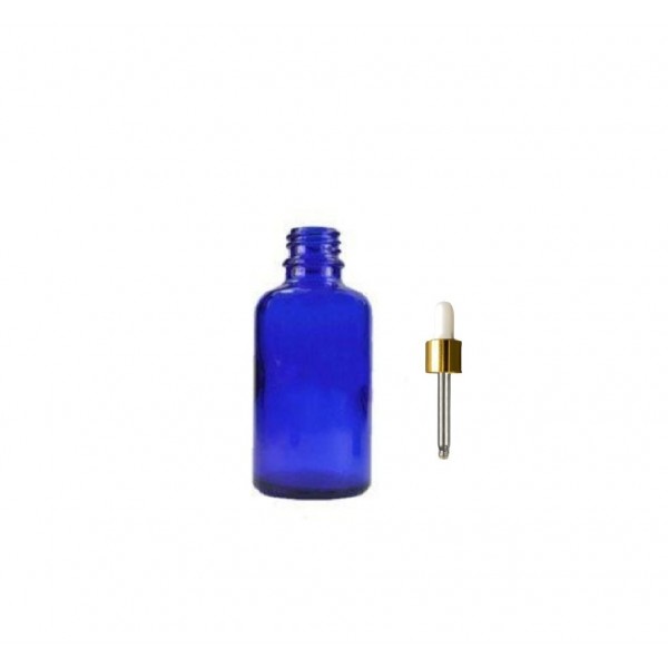 30 ml Mavi Cam Damlalıklı Şişe Gold Kapak Beyaz Emzik