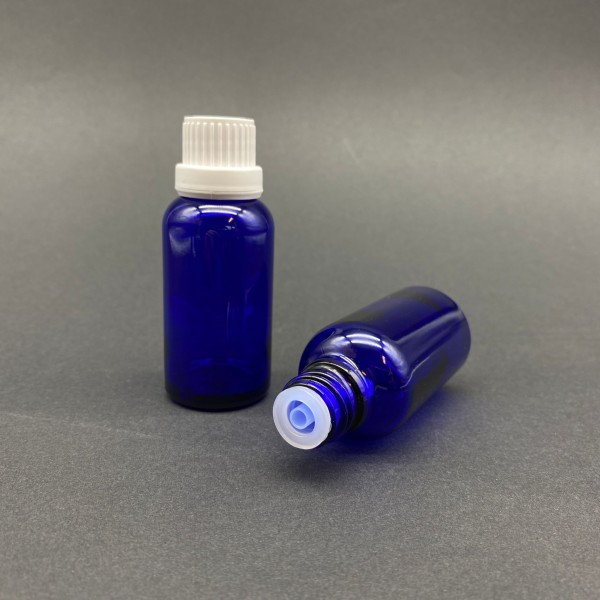 30 ml Mavi İçten Damlalıklı Cam Şişe Beyaz Kapak