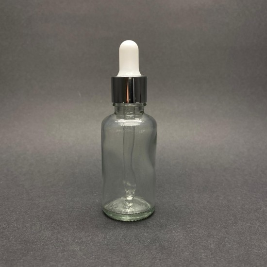 30ml Şeffaf Cam Damlalıklı Gümüş kapak BeyazEmzik