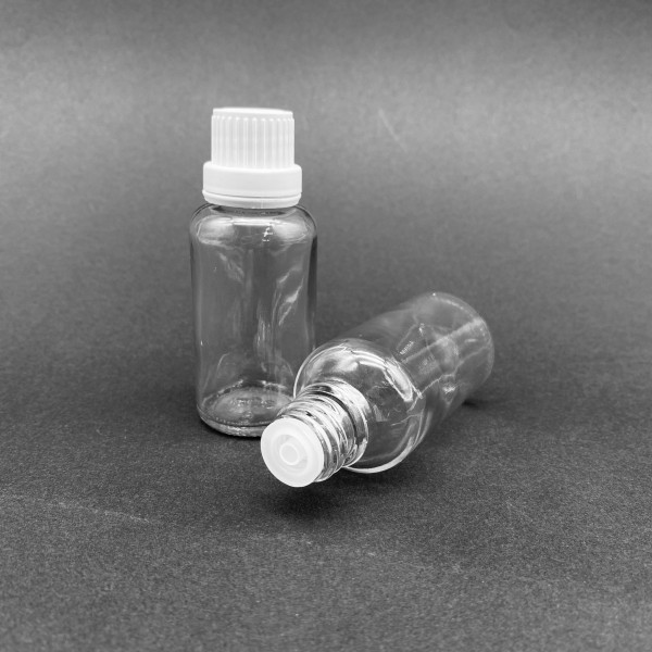 30 ml Şeffaf İçten Damlalıklı Cam Şişe Beyaz Kapak