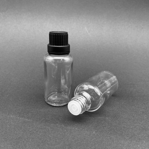 30 ml Şeffaf İçten Damlalıklı Cam Şişe Siyah Kapak