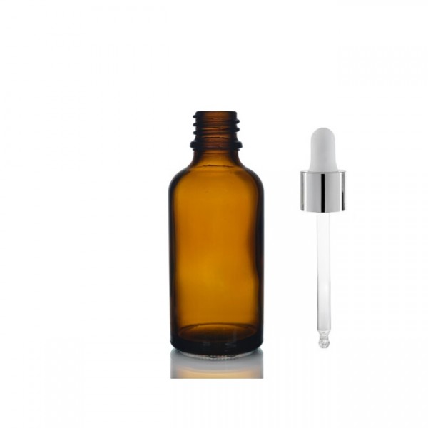 50 ml Kahverengi Cam Damlalıklı Şişe Gümüş Kapak Beyaz Emzik