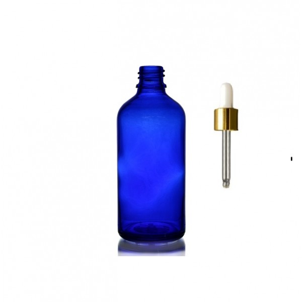 50 ml Mavi Cam Damlalıklı Şişe Gold Kapak Beyaz Emzik