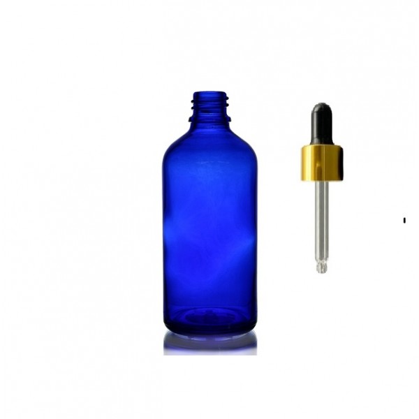 50 ml Mavi Cam Damlalıklı Şişe Gold Kapak Siyah Emzik