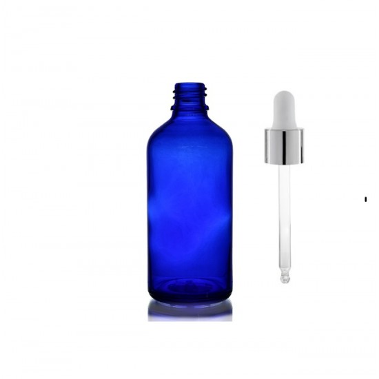 50 ml Mavi Cam Damlalıklı Şişe Gümüş Kapak Beyaz Emzik