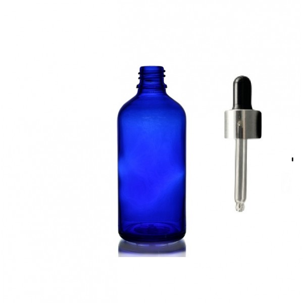 50ml Mavi Cam Damlalıklı Şişe Gümüş Kapak Siyah Emzik