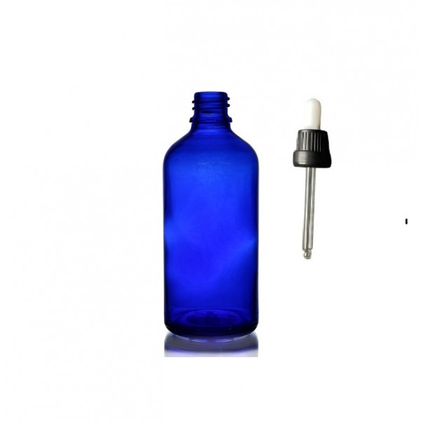50 ml Mavi Cam Damlalıklı Şişe Siyah Kapak Beyaz Emzik