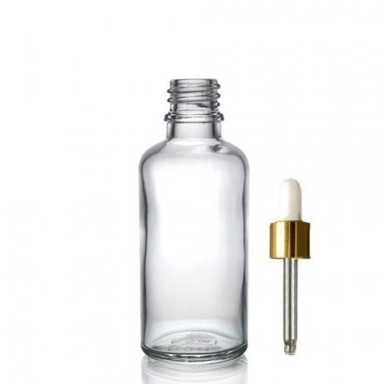 50 ml Şeffaf Cam Damlalıklı Şişe Gold Kapak Beyaz Emzik