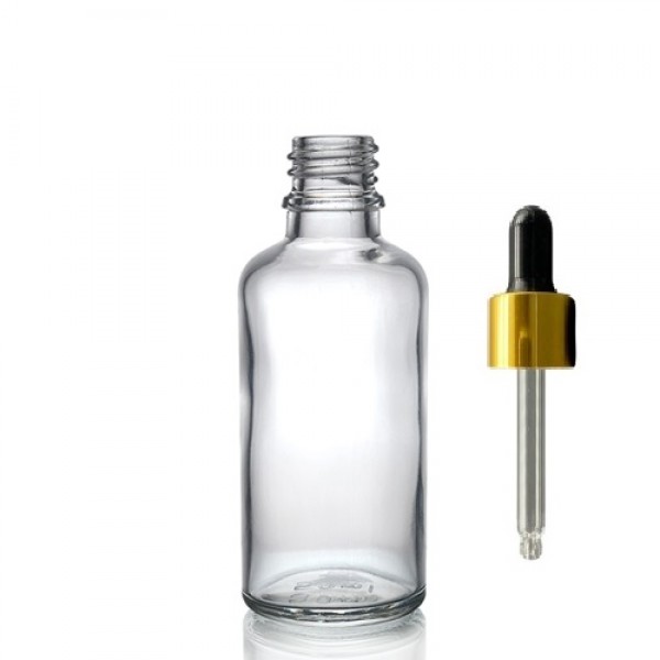 50 ml Şeffaf Cam Damlalıklı Şişe Gold Kapak Siyah Emzik
