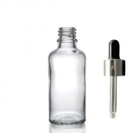 50 ml Şeffaf Cam Damlalıklı Şişe Gümüş Kapak Siyah Emzik
