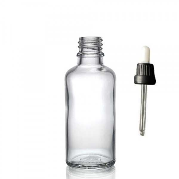 50 ml Şeffaf Cam Damlalıklı Şişe Siyah Kapak Beyaz Emzik