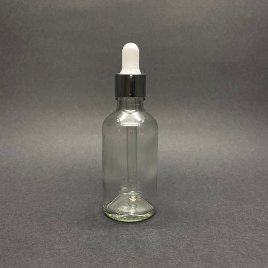 50ml Şeffaf Cam Damlalıklı Gümüş kapak BeyazEmzik