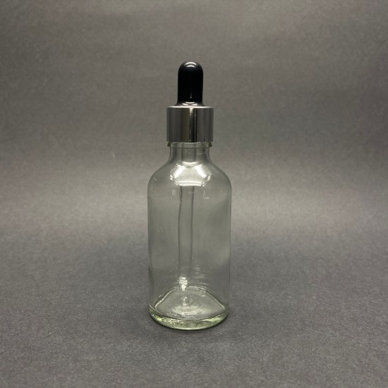 50ml Şeffaf Cam Damlalıklı Gümüş kapak Siyah Emzik
