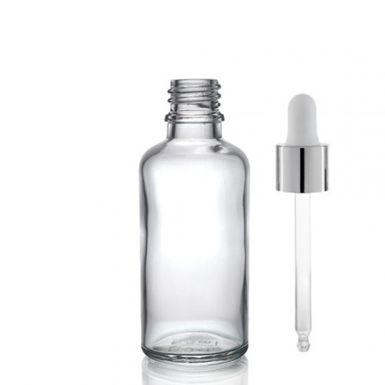 50ml Şeffaf Cam Damlalıklı Gümüş kapak BeyazEmzik