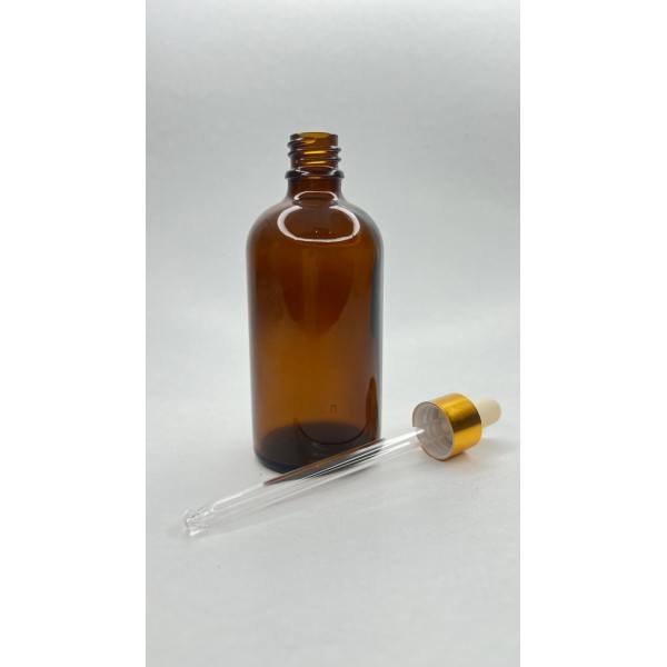 100 ml Kahverengi Cam Damlalıklı Şişe Gold Kapak Beyaz Emzik