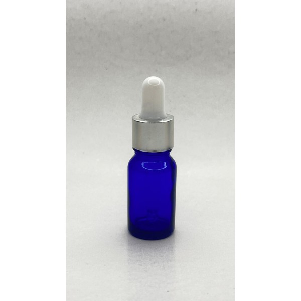 10 ml Mavi Cam Damlalıklı Şişe Gümüş Kapak Beyaz Emzik