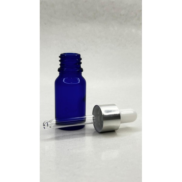 10 ml Mavi Cam Damlalıklı Şişe Gümüş Kapak Beyaz Emzik