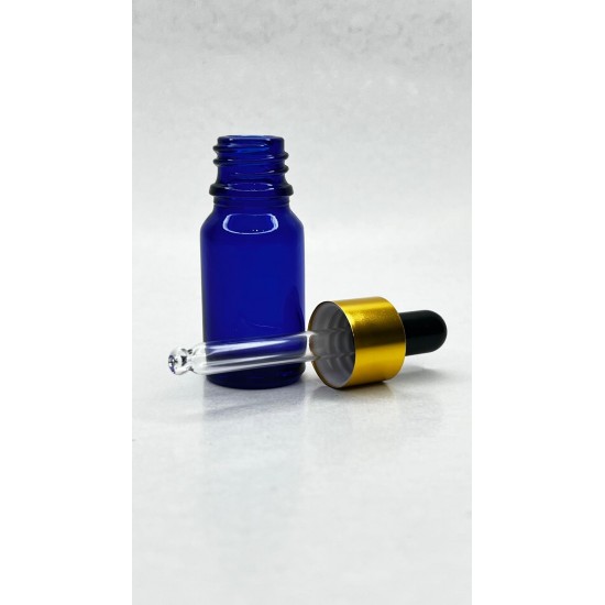 10 ml Mavi Cam Damlalıklı Şişe Gold Kapak Siyah Emzik