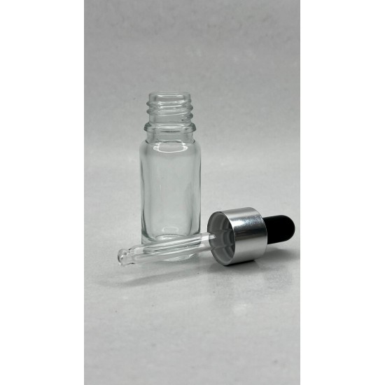 10 ml Şeffaf Cam Damlalıklı Şişe Gümüş Kapak Siyah Emzik
