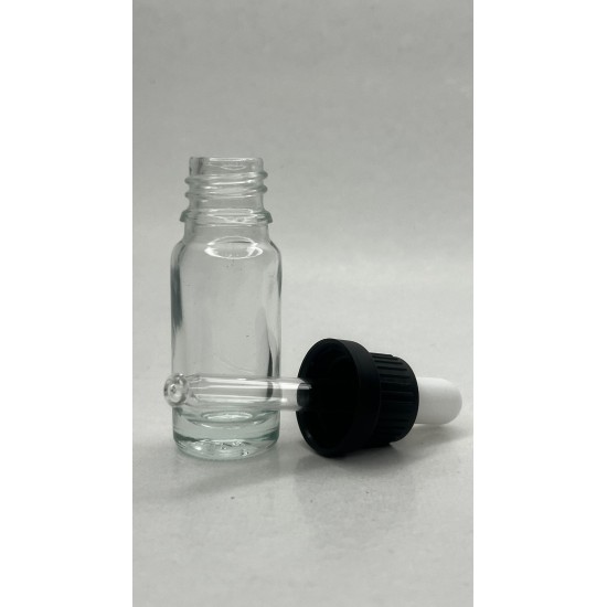 10 ml Şeffaf Cam Damlalıklı Şişe Siyah Kapak Beyaz Emzik