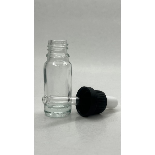 10 ml Şeffaf Cam Damlalıklı Şişe Siyah Kapak Beyaz Emzik