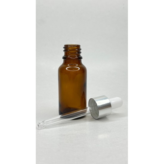 20 ml Kahverengi Cam Damlalıklı Şişe Gümüş Kapak Beyaz Emzik