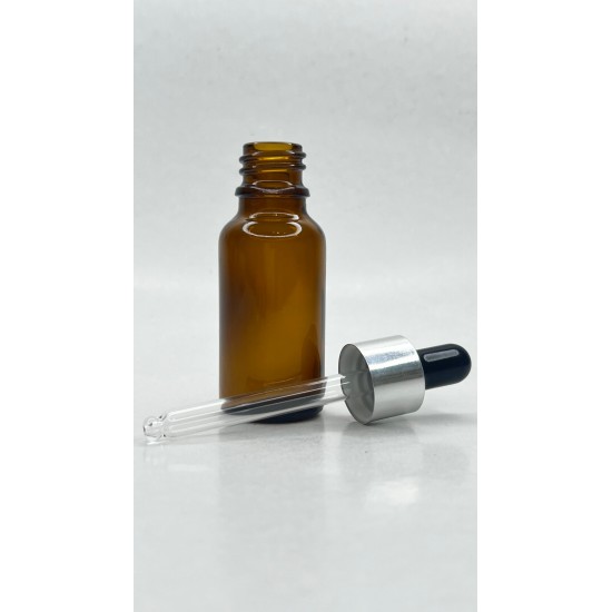 20 ml Kahverengi Cam Damlalıklı Şişe Gümüş Kapak Siyah Emzik