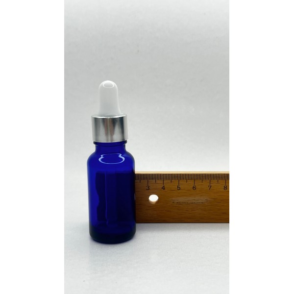 20 ml Mavi Cam Damlalıklı Şişe Gümüş Kapak Beyaz Emzik