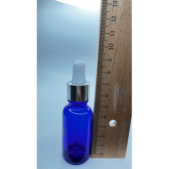 20 ml Mavi Cam Damlalıklı Şişe Gümüş Kapak Beyaz Emzik