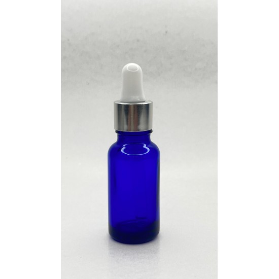 20 ml Mavi Cam Damlalıklı Şişe Gümüş Kapak Beyaz Emzik