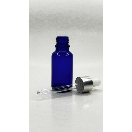 20 ml Mavi Cam Damlalıklı Şişe Gümüş Kapak Beyaz Emzik
