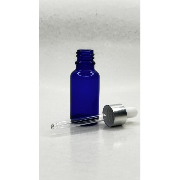 20 ml Mavi Cam Damlalıklı Şişe Gümüş Kapak Beyaz Emzik