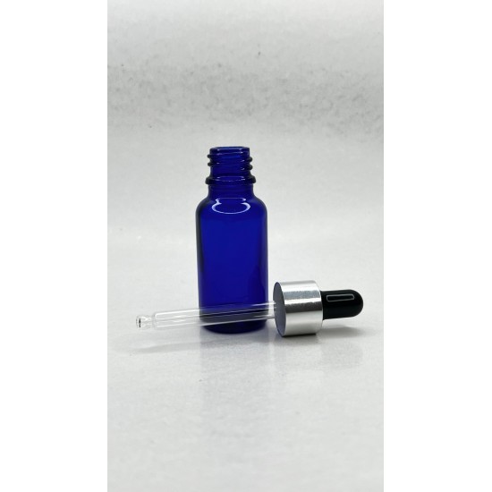 20 ml Mavi Cam Damlalıklı Şişe Gümüş Kapak Siyah Emzik