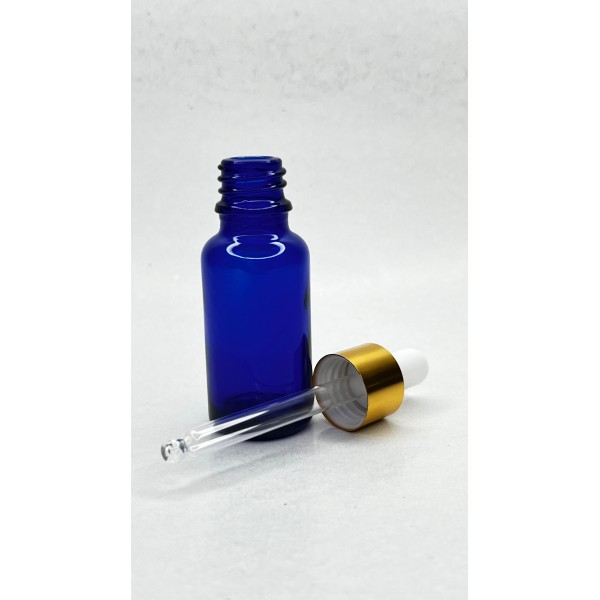 20 ml Mavi Cam Damlalıklı Şişe Gold Kapak Beyaz Emzik