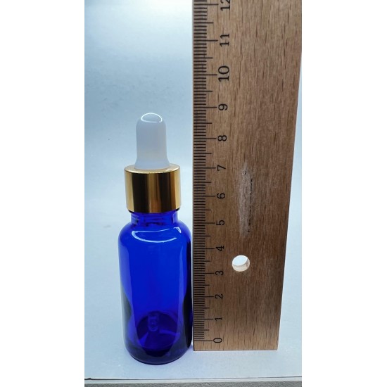 20 ml Mavi Cam Damlalıklı Şişe Gold Kapak Beyaz Emzik