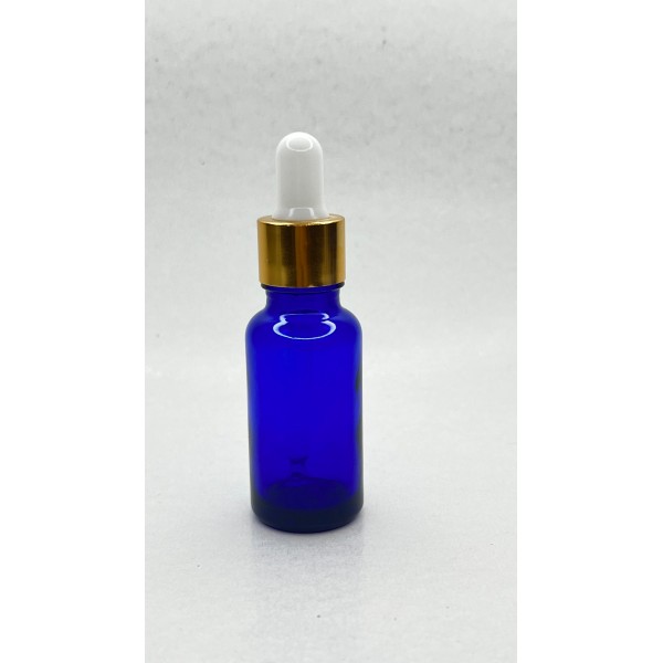 20 ml Mavi Cam Damlalıklı Şişe Gold Kapak Siyah Emzik