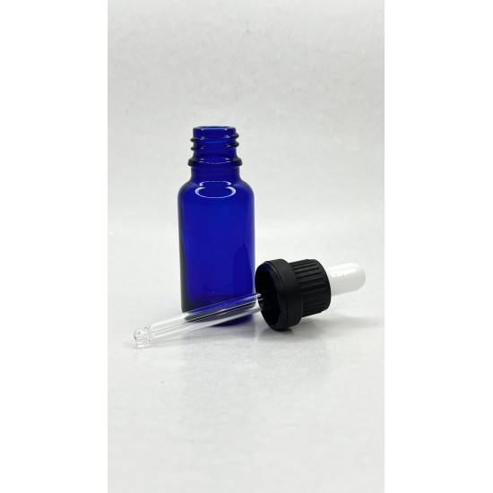 20 ml Mavi Cam Damlalıklı Şişe Siyah Kapak Beyaz Emzik